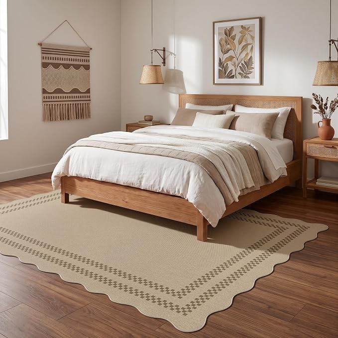 Tribesigns Scalloped Easy Jute Washable Area Rugs 5x7 for Living Room, Tan/Checkered Indoor Outdoor Patio Rugs for Bedroom, Geometric Dining Room Carpet for Backyard Office