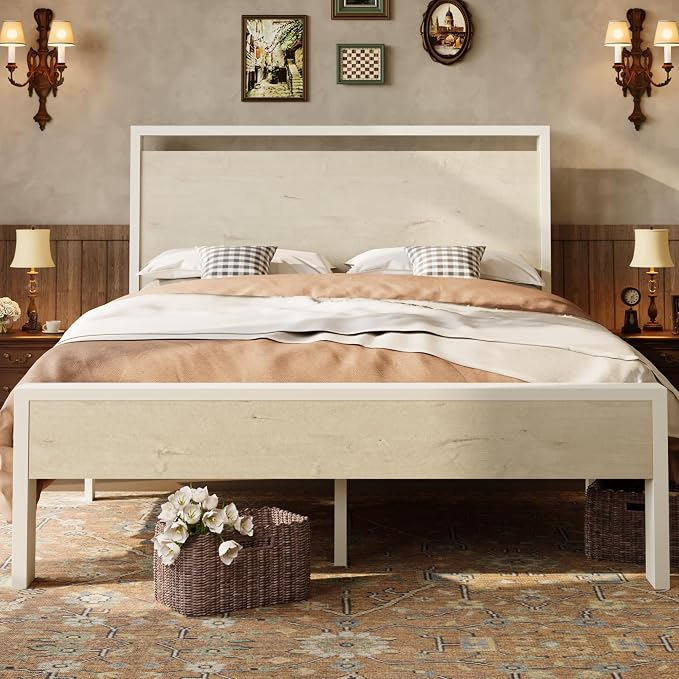 SHA CERLIN 14 Inch Full Metal Platform Bed Frame with Wooden Headboard and Footboard, No Box Spring Needed, Large Under Bed Storage, Heavy Duty Slats Support, White Washed Oak