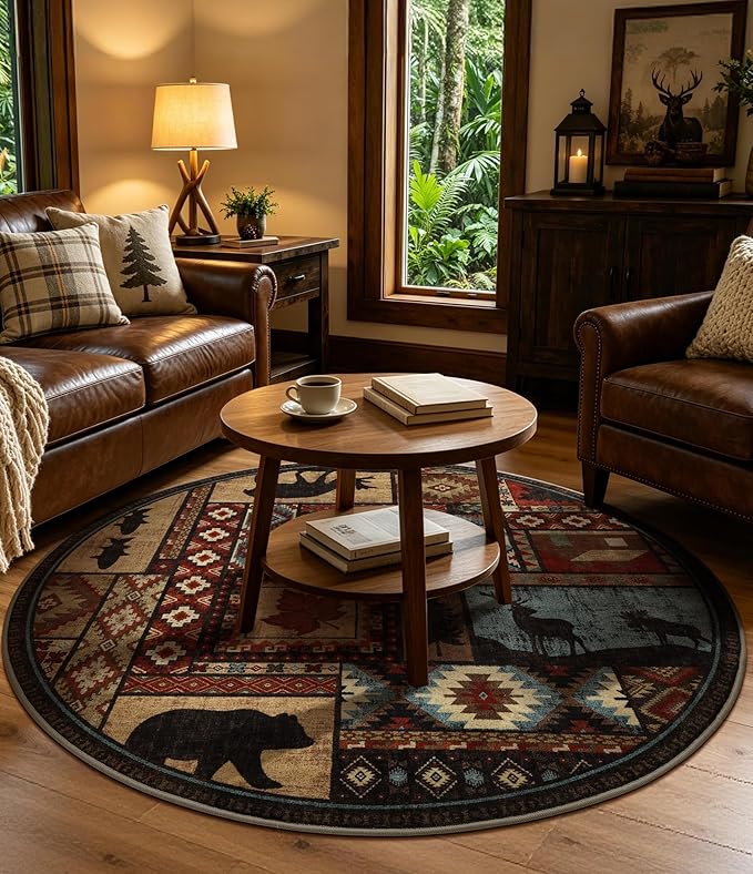 YIHOUSE Rustic Round Rug 4ft, Washable Circle Rug with Non-Slip Backing, Low Pile Soft Western Cabin Rugs for Living Room, Bedroom