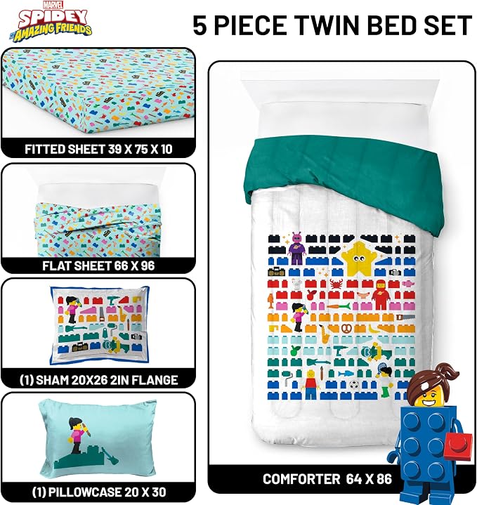 LEGO® Blocks Twin Comforter Set 5 Piece Soft Kids Bedding, White | Bed in a Bag, Comforter Sheets Sham Pillowcase, Official Product, Soft Microfiber, Machine Washable, Easy Care, Kids Gift