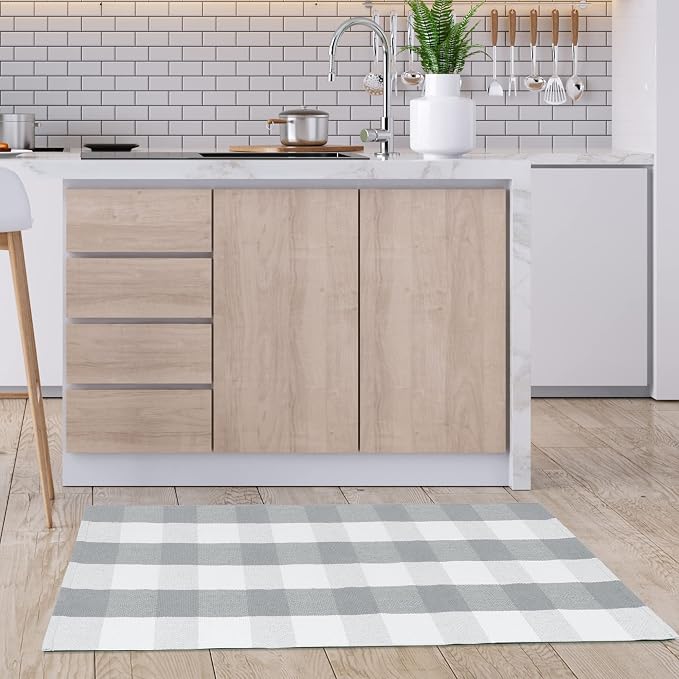 uxcell Buffalo Check Rug,Plaid Outdoor Rug,Layered Door Mat,Cotton Gingham Rugs,Floor Mat for Front Porch/Runner/Bedroom/Kitchen/Farmhouse 51"x24" Gray & White