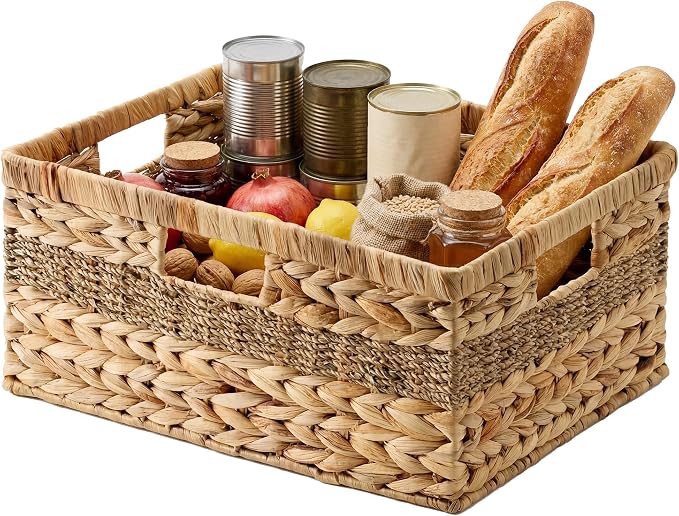 StorageWorks Jumbo Rectangular Wicker Basket, Water Hyacinth and Seagrass Storage Basket with Built-in Handles, 1 Pack | Woven Storage Baskets Water Hyacinth Seagrass,Large Seagrass Basket,Wicker Storage Baskets for Shelves,Woven Baskets