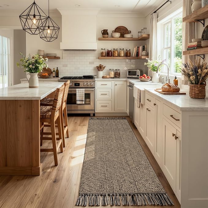 Collive Boho Washable Kitchen Runner Rug, Modern Farmhouse Hallway Runner Rug 2.6' x 8' Natural/Black Bathroom Rugs, Hand Woven Entry Hall Carpet for Laundry Bedroom Decor