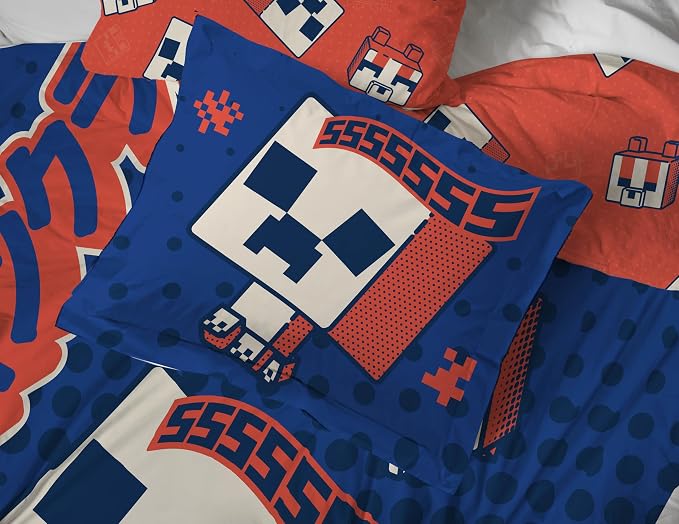 Minecraft Creeper Full Comforter Set 7 Piece Soft Kids Bedding, Blue | Oishi Market, Bed in a Bag, Comforter Sheets Shams Pillowcases, Official Product, Microfiber, Machine Washable, Kids Gift