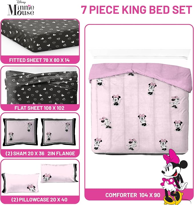 Jay Franco Kids Comforter Set Includes Sheets and Pillow Covers - Soft and Cozy Bed Set for Stylish Room Decor, Official Licensed Bedding, Multi - Minnie Mouse, 7 Piece King