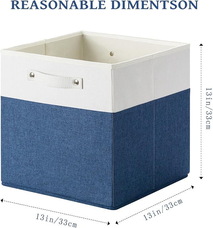 FinishingBo 13x13x13 Storage Cube Bins 6 Pack, Cube Shelf Baskets | Foldable Storage Cubes, Linen Storage Bins with Handles, Closet Organizers, White/Blue