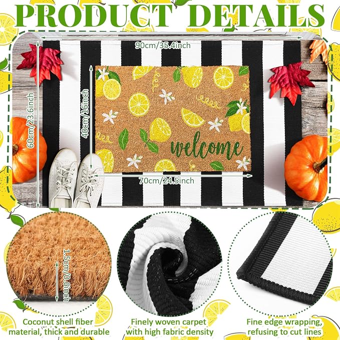 Moucuny 2 Pcs Lemon Coir Doormat Outdoor Summer Lemon Welcome Mats for Front Door 24'' x 35'' Black and White Striped Outdoor Rug 16'' x 28'' Layering Non Slip Summer Welcome Mat for Porch Front Decor