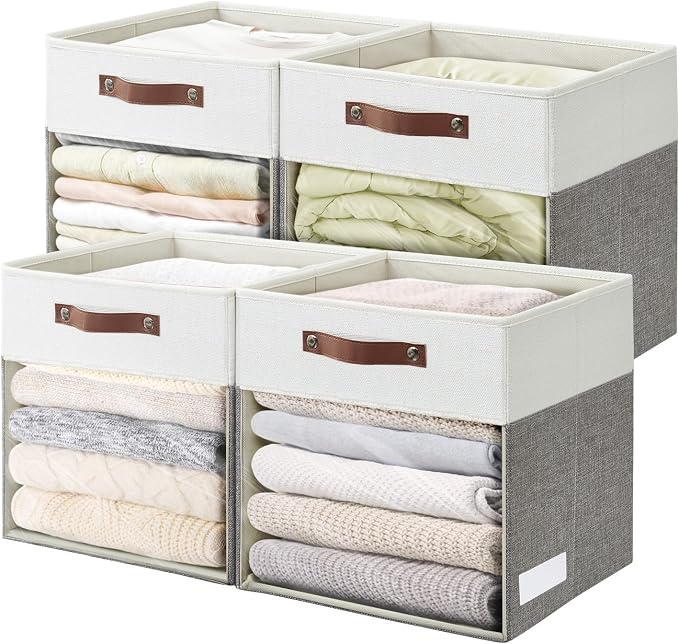 Bagnizer Storage Cubes, 4 Pack Linen Foldable Storage Bins (13 x 13 inch) with Clear Window and 2 Handles, Closet Organizers and Storage for Shelf Closet, Clothes, Books - (Gray and White)
