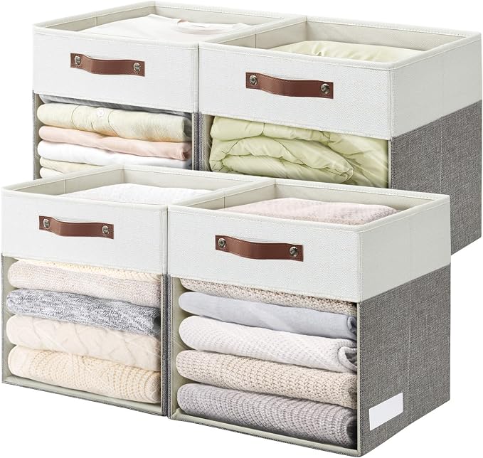 Bagnizer Storage Cubes, 4 Pack Linen Foldable Storage Bins with Clear Window and 2 Handles, 13x15x13 Storage Cube Bins for Shelf Closet, Kallax, Clothes, Books - (Gray / Off-White)
