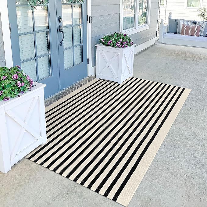 KILOCOCO Beige Striped Rug 4x6 Indoor Outdoor Rugs Washable Front Door Rugs | Cotton Front Porch Rug, Woven Living Room Rug, Low Pile Welcome Mat for Entryway, Layered Farmhouse Kitchen Patio Carpet