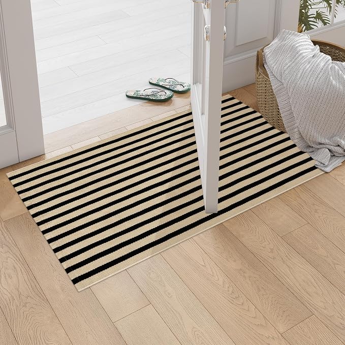 OJIA Outdoor Porch Rug Front Door Mat 24"x51", Black and Tan Striped Rugs | Washable Outdoor Rugs Front Door Rugs Cotton Woven Kitchen Rugs Small Area Rugs for Entryway/Patio/Outside Entrance Decor