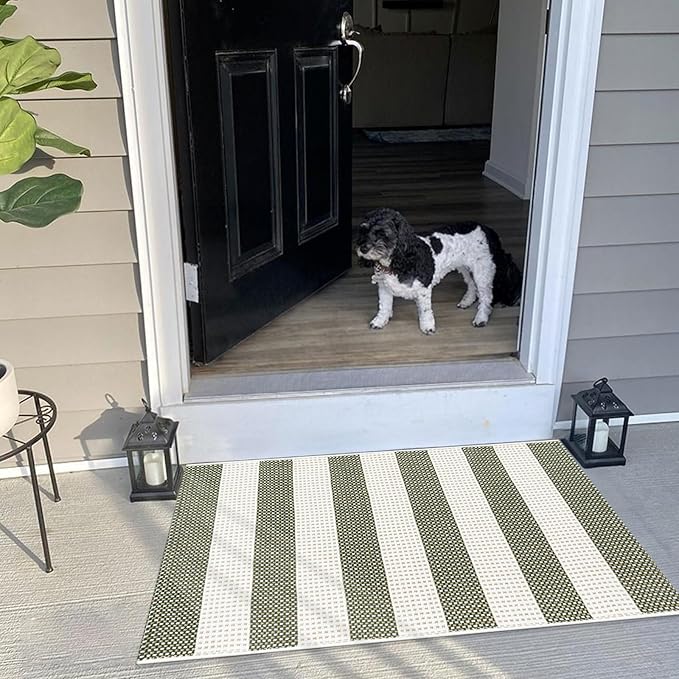 LEEVAN Door Mat Outdoor Entrance 2x3, Washable Striped Front Porch Rug, Green White and Tan Buffalo Welcome Mat, Spring Outside Entryway Rugs, Cotton Woven Indoor Outdoor Layered Doormats