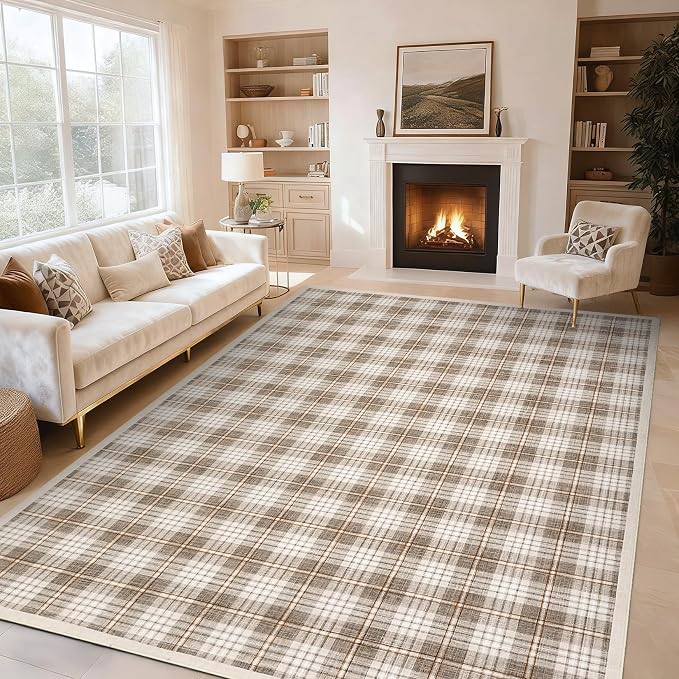 GarveeHome Checkered Machine Washable Area Rugs 8x10, Stain Resistant Non Slip Backing Low-Pile Rug Indoor Outdoor Carpet for Living Room Office Bedroom Dining Room Nursery Beige