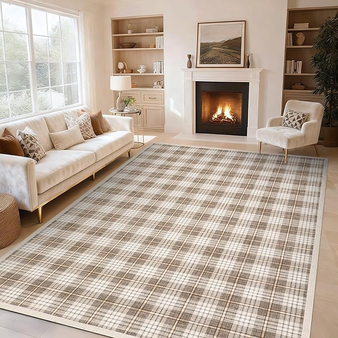 GarveeHome Living Room Checkered Area Rugs 6x9, Machine Washable Non Slip Backing Rug, Stain Resistant Low-Pile Indoor Carpet for Bedroom Dining Room Office Nursery Beige