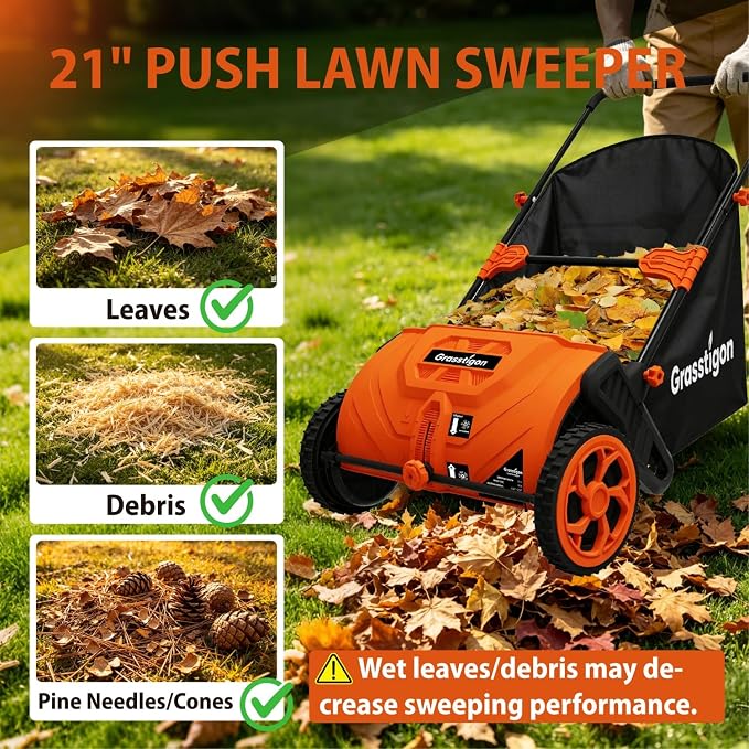 Grasstigon 21-Inch Manual Push Lawn Sweeper, Leaf Collector for Grass Clippings, Leaves & Debris, Leaf Picker Upper with Large 3.64 ft³ Hopper, Durable Wheels, Orange & Black