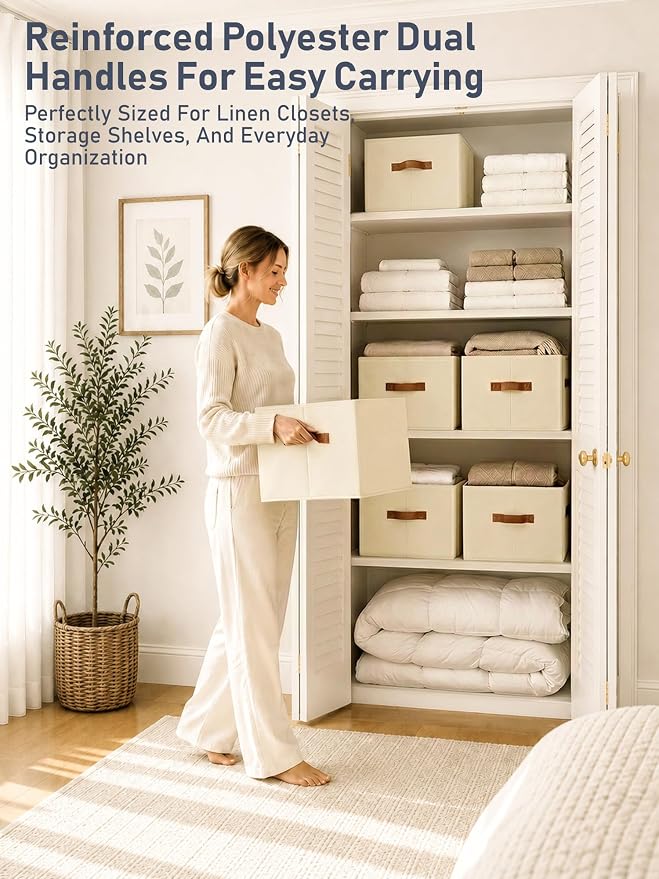 DIMJ 10 Pack Large Closet Storage Baskets Bins for Shelves, Collapsible Fabric Closet Organizers and Storage with Polyester Handles, Decorative Baskets for Organizing Clothes, Linen Closet 16x12x10