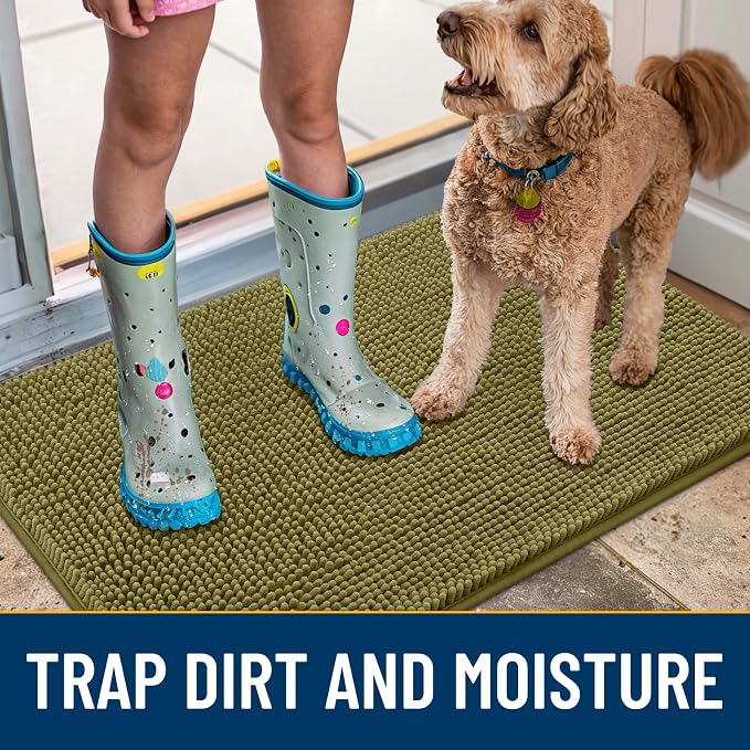 Smiry Dog Door Mat for Muddy Paws 47x24, Absorbent Dirt Trapper, Non-Slip Washable Chenille Entryway Rug for Inside Floor, Willow Green, Classic Solid