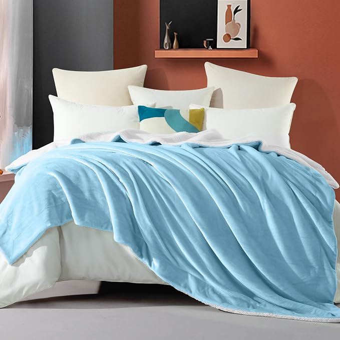 Elegant Comfort Ultra Soft Reversible Flannel Sherpa Blanket - Cozy Silky Fleece Throw for Couch, Bed - Plush Fuzzy Warm Winter Blanket for Gift, Full, Aqua