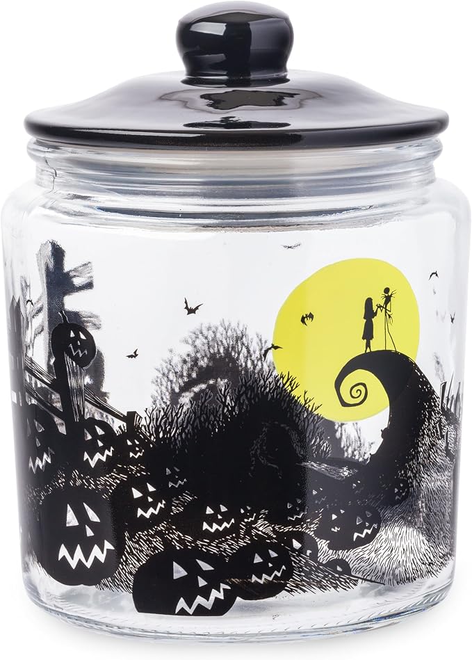 Silver Buffalo Disney The Nightmare Before Christmas, Glass Jar with Lid | Tim Burton, Moon Hill, Graveyard Scene, Jack Skellington and Sally, Cookie Snack Candy, Small Size