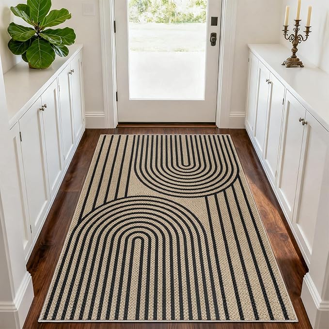 Faux Jute Rugs for Entryway, 3' x 5' Indoor Outdoor Rug, Black Farmhouse Washable Ultra-Thin Non-Slip Area Rug for Foyer, Backdoor, Living Room, Kitchen, Bedroom, Balcony