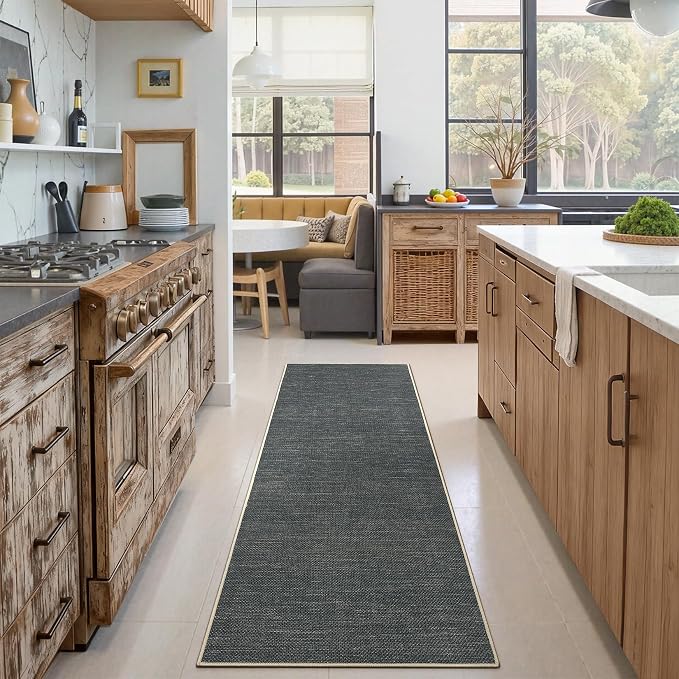 GarveeHome 2x6 Runner Rug for Hallway Modern Solid Washable Kitchen Rugs | Non Slip Bordered Runner Rugs Indoor Neutral Easy Jute Runners for Bedroom Nursery Entryway Living Room, Grey