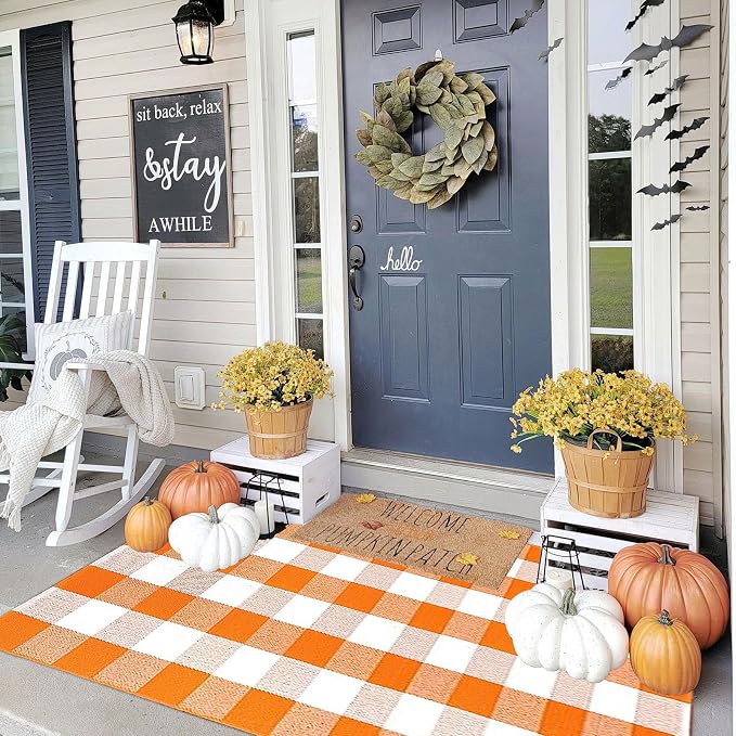 Bottalive Buffalo Plaid Outdoor Rugs, 3'x5' Orange and White Checkered Indoor/Outdoor Area Rug, Layering Rug for Hello/Welcome Door Mat, Washable Cotton Woven Farmhouse Mat for Fall Front Porch Décor