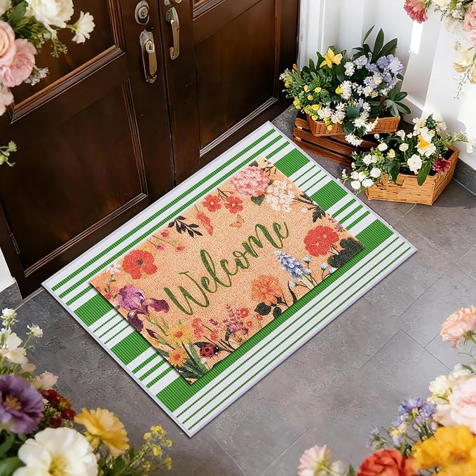 2 Pcs Floral Welcome Doormat Set, Front Door Mat with Non Slip Rubber Backing, Spring Outdoor Entryway Porch Mat Decor Farmhouse Floral Welcome Mat Set for Seasonal Home Indoor Decor