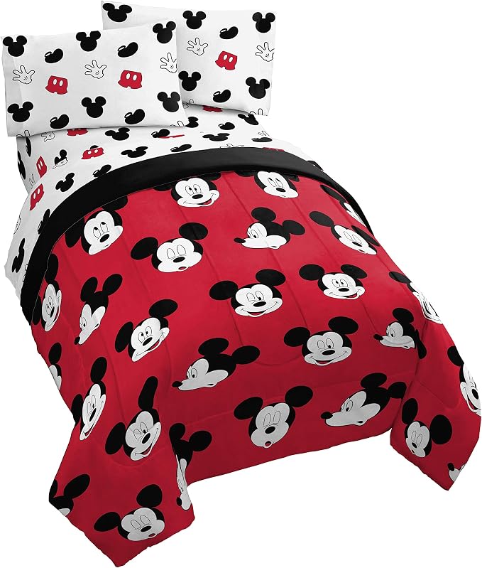 Disney Mickey Mouse Twin Comforter Set 4 Piece Kids Cartoon Bedding, Red | Bed in a Bag, Comforter Sheets Pillowcase, Official Product, Soft Microfiber, Machine Washable, Easy Care, Kids Gift