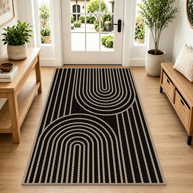 Faux Jute Rugs for Entryway, 3' x 5' Indoor Outdoor Rug, Black Farmhouse Washable Ultra-Thin Non-Slip Area Rug for Foyer, Backdoor, Living Room, Kitchen, Bedroom, Balcony