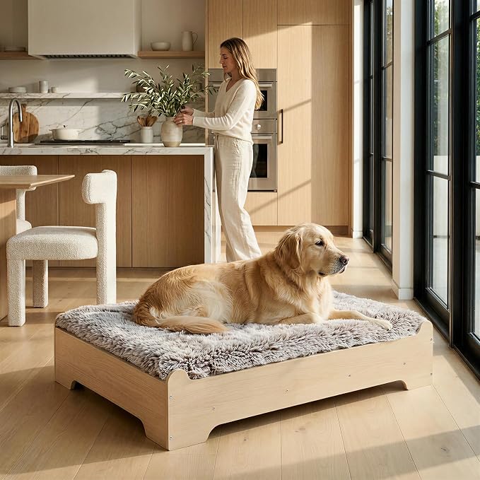 Elevated Wooden Dog Bed with Foam Mattress, Natural Wood, Large | Raised Dog Bed with Washable Cover and Supportive Foam Mattress, Crafted for Large Dogs and Modern Homes