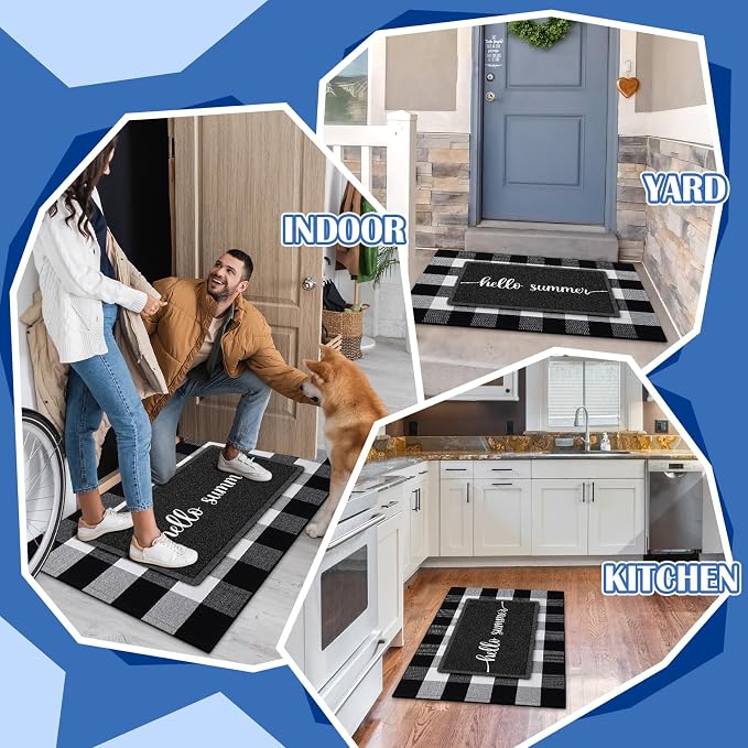 Geelin 2 Pcs 30'' x 18'' Doormat 43'' x 27.5'' Black and White Layered Rug for Front Door Mat Outside Entrance Welcome Door Mats for Indoor Outdoor Entryway Porch Decor(Hello Summer)