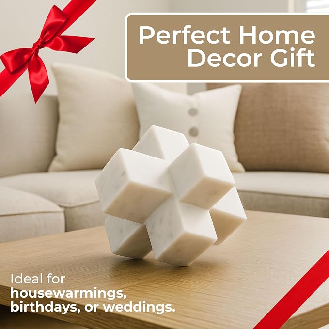 Geometric Cube Decorative Object – Marble Sculpture Modern Home Decor Ornament – Shelf Styling & Coffee Table Decor for Bathroom, Office & Living Room – 6.5", White