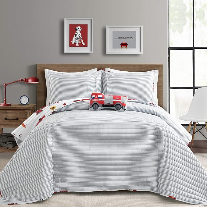 Lush Decor Fire Truck Quilt 4 Piece Set, Full/ Queen, Red & White - Reversible Stripe Print Bedding Set for Kids Room