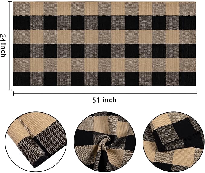 Front Porch Rug 24''x51'' Black and Tan Checkered Outdoor Rug Cotton Washable Front Door Mat Outdoor for Layered Doormat,Bedroom,Farmhouse,Entryway,Patio
