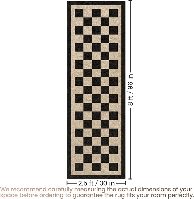 Washable Checkered Easy Jute Runner Rug, 2x8 Black Checkerboard Boho Geometric Outdoor Indoor Patio Rug, Low Pile Lightweight Non Slip Neutral Long Runner Carpet for Hallway Kitchen 8ft Entryway Porch