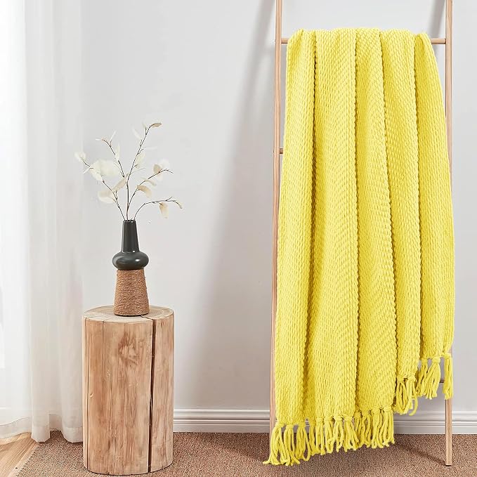 Home Soft Things Yellow Throw Blanket Knitted Tweed Throw 50'' x 60'', Sunshine Yellow, Super Soft Cozy Warm Comfortable Breathable Throw for Living Room Chair Couch Bed Sofa Bedroom Home Décor