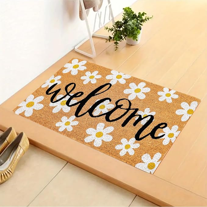 JarThenaAMCS Spring Flower Welcome Doormat Daisy Natural Coir Door Mat Non-Slip Floral Entrance Door Rugs for Indoor Outdoor Home Bathroom Decor, 16.5 x 29 Inch