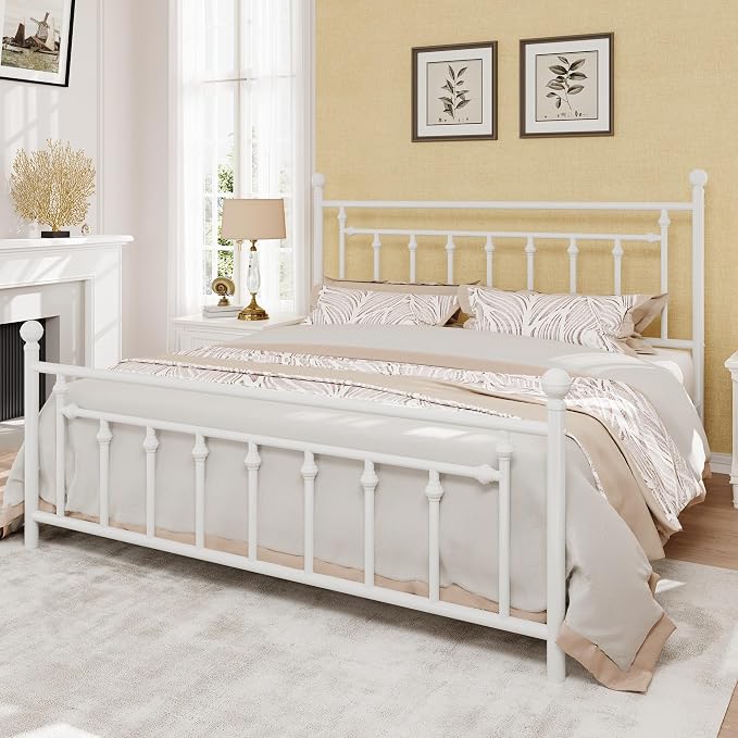 SHA CERLIN 14" King Size Metal Platform Bed Frame/Victorian Headboard and Footboard/Steel Slats Mattress Foundation for Storage/No Box Spring Needed/Noise Free/White