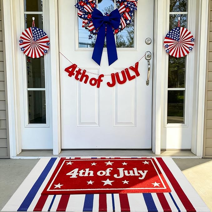 USA 250th Anniversary Patriotic Doormat, 2'4" x 3'7" Red White and Blue Striped Outdoor Rug, Washable Farmhouse Front Porch Welcome Mat for Memorial Day, 4th of July, and Independence Day Decor