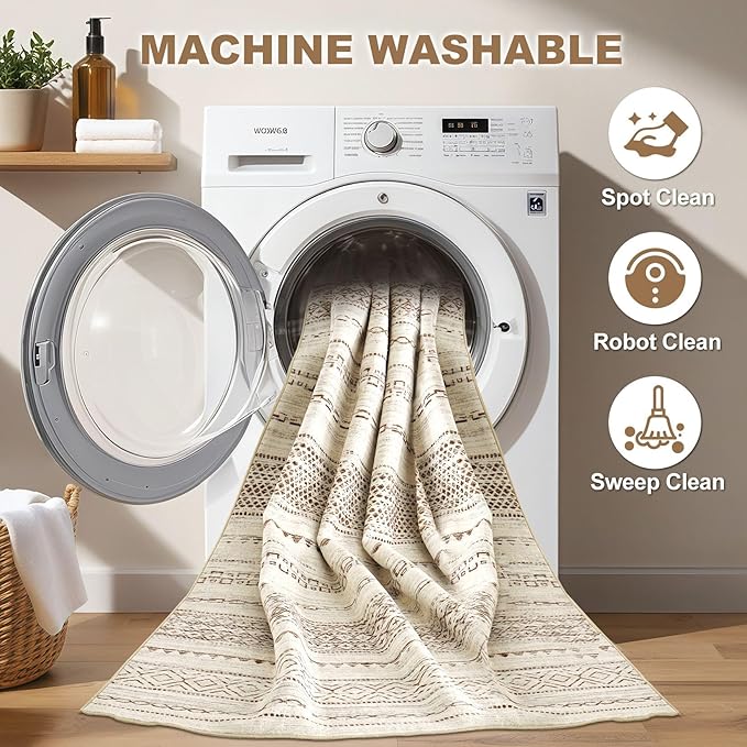 Nakagishi Round Rug Boho Area Rugs: 6x6 Washable Large Circle Neutral Soft Stain Resistant Non-Slip Carpet for Women Aged 25-45 Farmhouse Decor Enthusiasts - Living Room Bedroom Dining Room Nursery