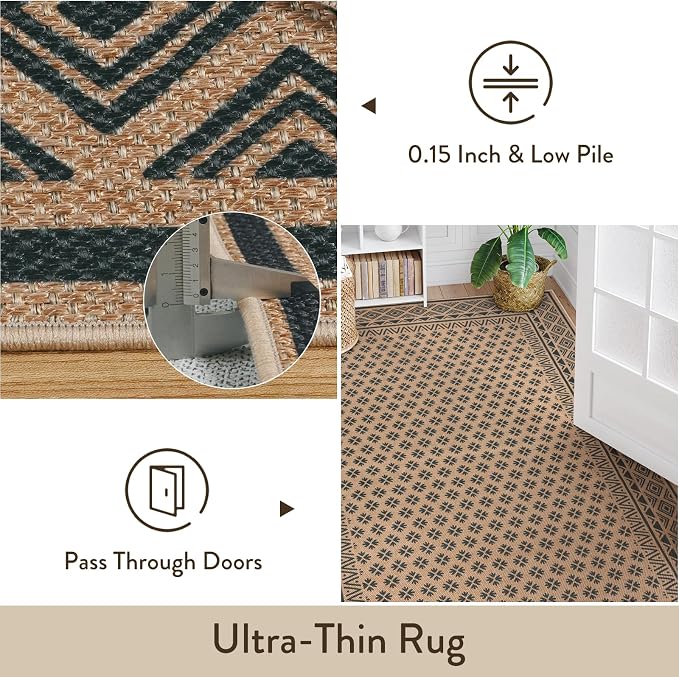 LIVEBOX Easy Jute Indoor Outdoor Rug 5x7, Black Washable Rugs for Living Room Bedroom, Non Slip Outdoor Area Rug for Patio Backyard, Farmhouse Neutral Carpet Floor Mat for Dining Room Deck Porch