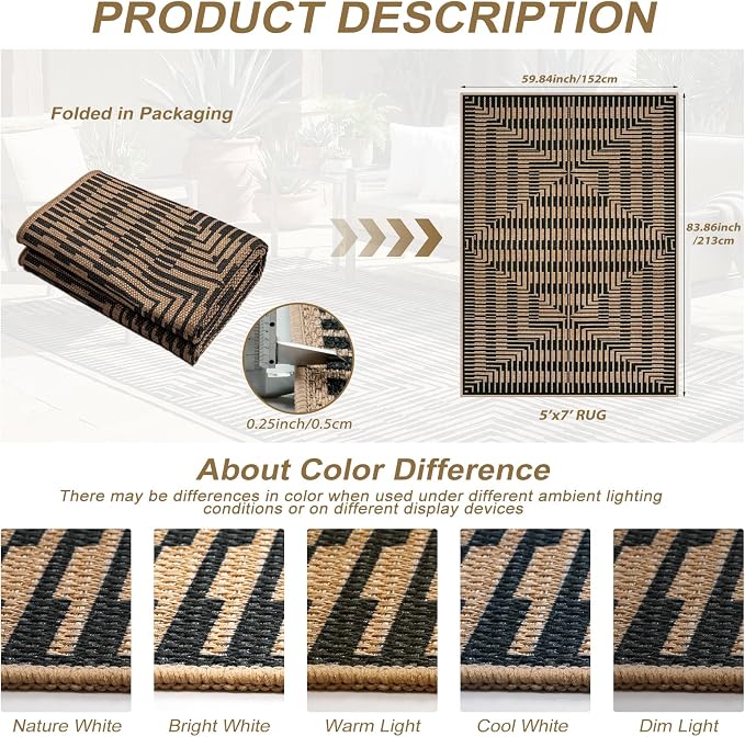 LIVEBOX Easy Jute Patio Rug 5x7, Washable Indoor Outdoor Area Rug Non Slip, Farmhouse Striped Carpet for Living Room, Office, Backyard, Dining Room (Black)