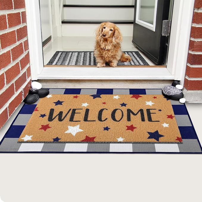 Tinideya 2 Pcs 4th of July Door Mat Patriotic Welcome Non Slip Coir Mats Red Blue White Independence Day Star Buffalo Floor Layering Doormats Seasonal for Front Porch Entryway Decor(Independence Day)