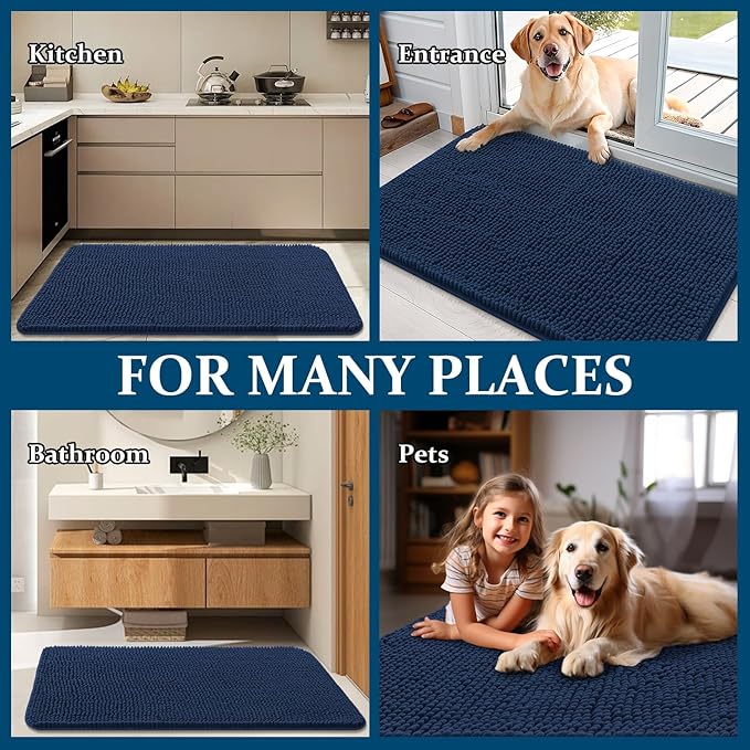 OLANLY Dog Door Mat for Muddy Paws 47x17, Absorbs Moisture and Dirt, Absorbent Non-Slip Washable Doormat, Quick Dry Chenille Mud Mat for Dogs, Entry Indoor Entryway Carpet for Inside Floor, Dark Blue
