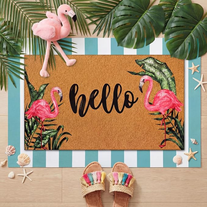 Tinideya 2 Pcs Summer Flamingo Layering Doormats Sets, Tropical Palm Leaves Hello Coir Door Mat with Rug for Porch Entryway Outdoor Decor