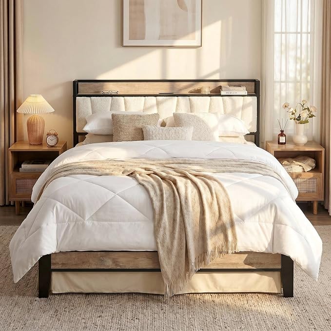 LIKIMIO California King Bed Frames, Bouclé Storage Headboard with Charging Station, Solid and Stable, Noise Free, No Box Spring Needed, Easy Assembly