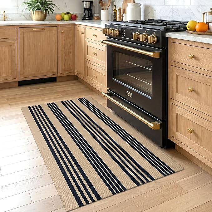 KOZYFLY Striped Rug 2.3x3.6 ft Front Door Mat Brown and Black Cotton Woven Washable Indoor Outdoor Rug for Entryway Porch Kitchen Patio Decor Small Area Rugs