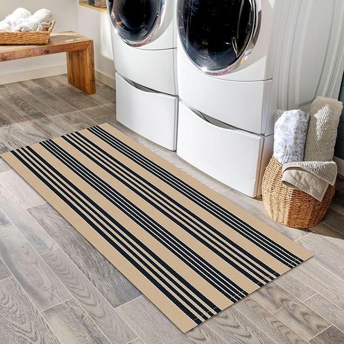 IOHOUZE Striped Area Rug 2'x4.3' Tan and Black Front Door Rugs Small Washable Area Rug for Front Porch, Spring Summer Welcome Door Mats Outdoor Indoor, Doormat for Entryway Porch Entrance