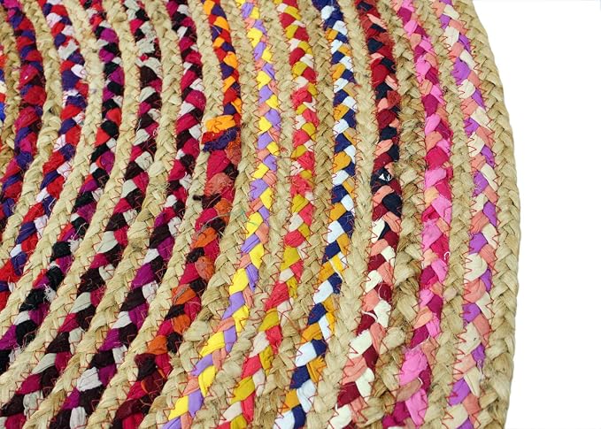 COTTON CRAFT Jute Chindi Braid Rag Rug - Boho Farmhouse Rustic Area Accent Throw Rug - Handwoven Reversible Natural Recycled Cotton - Living Room Den Study Home Décor Gift - 8 Feet Round - Multi Color