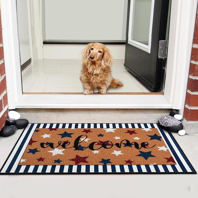 Tinideya 2 Pcs Door Mat Welcome Non Slip Coir Mats Floor Layering Doormats Seasonal for Front Porch Entryway Decor(Patriotic)